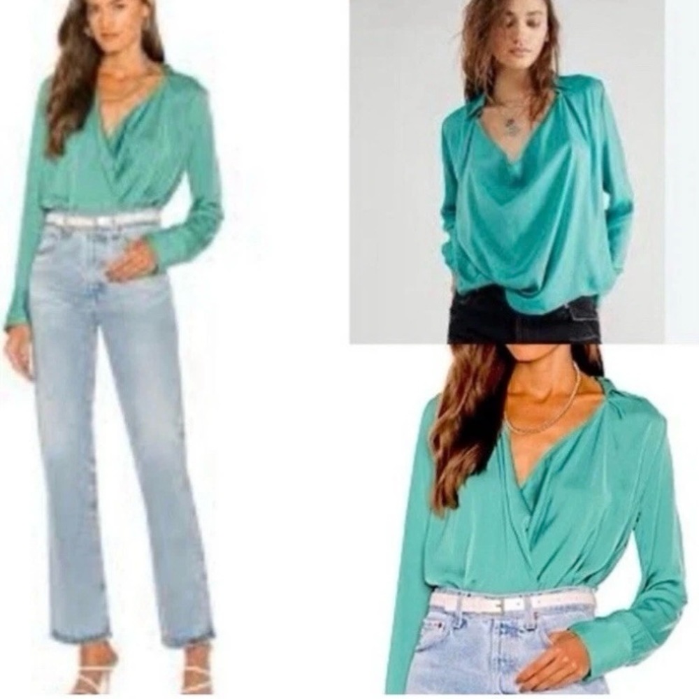Free People Cowl Neck Pullover Top in Vert de Mer Green Size Medium